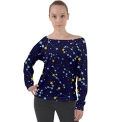 Seamless Pattern With Cartoon Zodiac Constellations Starry Sky Off Shoulder Long Sleeve Velour Top