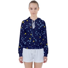 Seamless Pattern With Cartoon Zodiac Constellations Starry Sky Women s Tie Up Sweat