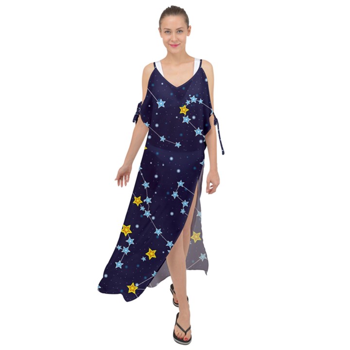 Seamless Pattern With Cartoon Zodiac Constellations Starry Sky Maxi Chiffon Cover Up Dress