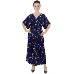 Seamless Pattern With Cartoon Zodiac Constellations Starry Sky V-neck Boho Style Maxi Dress