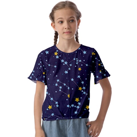 Seamless Pattern With Cartoon Zodiac Constellations Starry Sky Kids  Cuff Sleeve Scrunch Bottom Tee by Pakemis