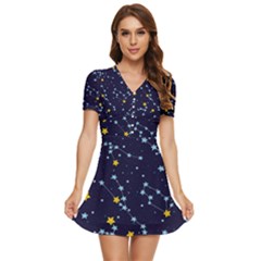 Seamless Pattern With Cartoon Zodiac Constellations Starry Sky V-neck High Waist Chiffon Mini Dress