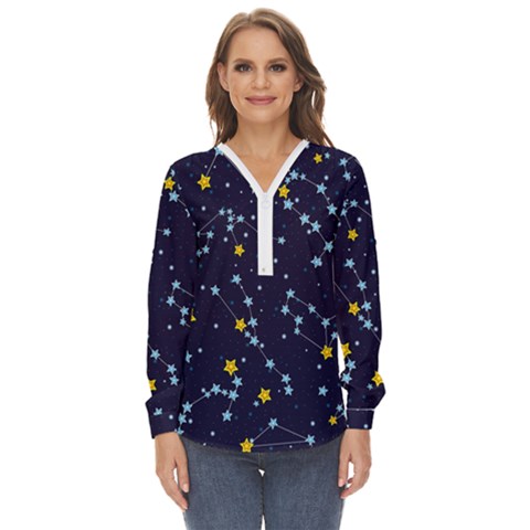 Seamless Pattern With Cartoon Zodiac Constellations Starry Sky Zip Up Long Sleeve Blouse by Pakemis