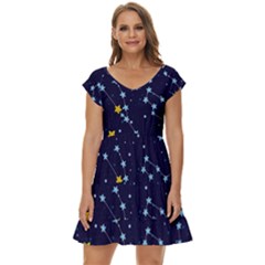 Seamless Pattern With Cartoon Zodiac Constellations Starry Sky Short Sleeve Tiered Mini Dress by Pakemis