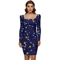 Seamless Pattern With Cartoon Zodiac Constellations Starry Sky Women Long Sleeve Ruched Stretch Jersey Dress by Pakemis