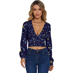 Seamless Pattern With Cartoon Zodiac Constellations Starry Sky Long Sleeve Deep-v Velour Top