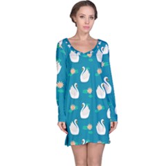 Elegant Swan Pattern With Water Lily Flowers Long Sleeve Nightdress by Pakemis