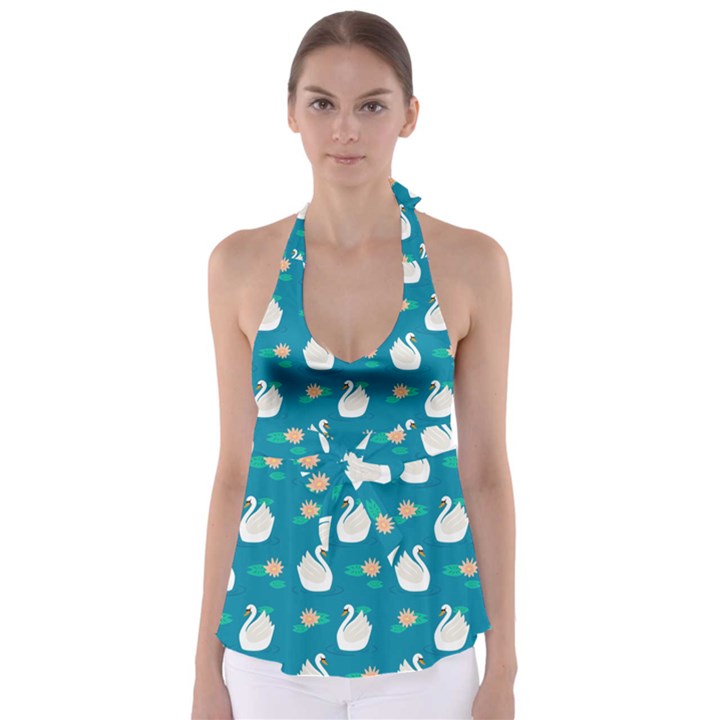 Elegant Swan Pattern With Water Lily Flowers Babydoll Tankini Top