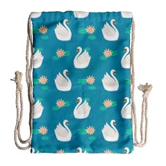 Elegant Swan Pattern With Water Lily Flowers Drawstring Bag (large) by Pakemis