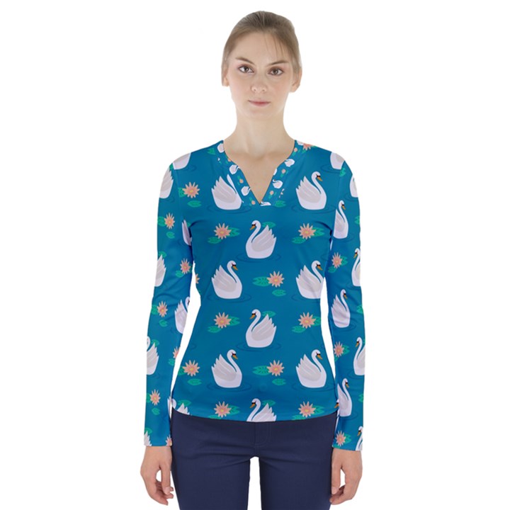 Elegant Swan Pattern With Water Lily Flowers V-Neck Long Sleeve Top