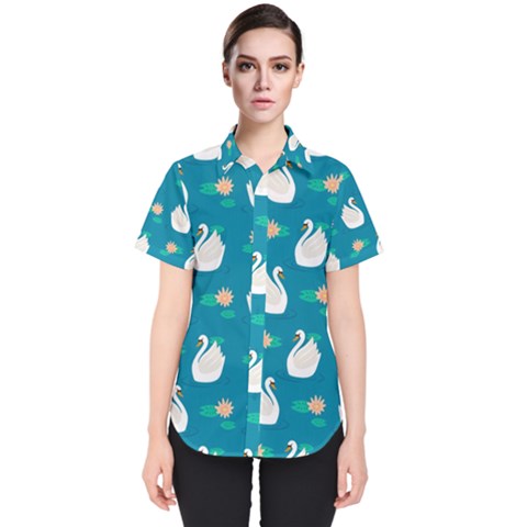 Elegant Swan Pattern With Water Lily Flowers Women s Short Sleeve Shirt by Pakemis