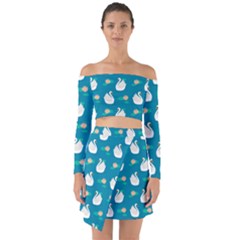 Elegant Swan Pattern With Water Lily Flowers Off Shoulder Top With Skirt Set by Pakemis