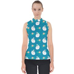 Elegant Swan Pattern With Water Lily Flowers Mock Neck Shell Top by Pakemis