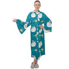 Elegant Swan Pattern With Water Lily Flowers Maxi Velour Kimono by Pakemis