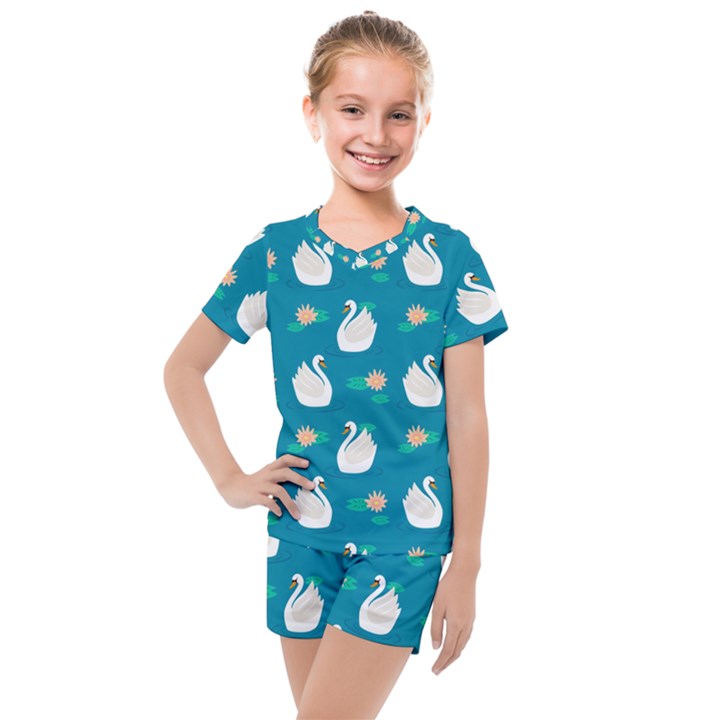 Elegant Swan Pattern With Water Lily Flowers Kids  Mesh Tee and Shorts Set