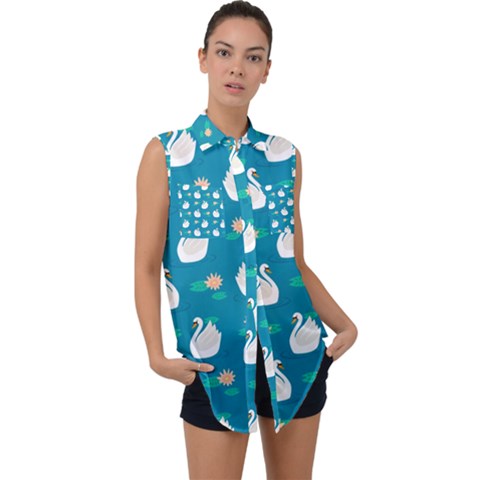 Elegant Swan Pattern With Water Lily Flowers Sleeveless Chiffon Button Shirt by Pakemis