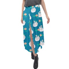 Elegant Swan Pattern With Water Lily Flowers Velour Split Maxi Skirt