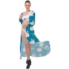 Elegant Swan Pattern With Water Lily Flowers Maxi Chiffon Beach Wrap