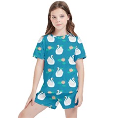 Elegant Swan Pattern With Water Lily Flowers Kids  Tee And Sports Shorts Set by Pakemis