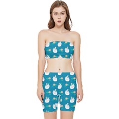 Elegant Swan Pattern With Water Lily Flowers Stretch Shorts And Tube Top Set by Pakemis