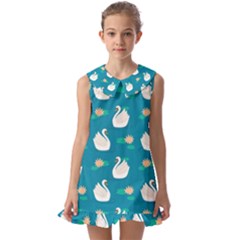 Elegant Swan Pattern With Water Lily Flowers Kids  Pilgrim Collar Ruffle Hem Dress by Pakemis