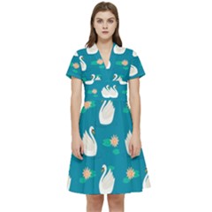 Elegant Swan Pattern With Water Lily Flowers Short Sleeve Waist Detail Dress by Pakemis