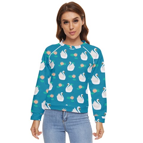 Elegant Swan Pattern With Water Lily Flowers Women s Long Sleeve Raglan Tee by Pakemis