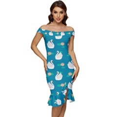 Elegant Swan Pattern With Water Lily Flowers Off Shoulder Ruffle Split Hem Bodycon Dress