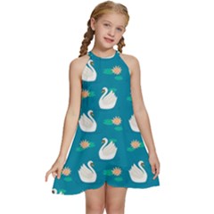 Elegant Swan Pattern With Water Lily Flowers Kids  Halter Collar Waist Tie Chiffon Dress by Pakemis