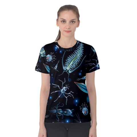 Colorful Abstract Pattern Consisting Glowing Lights Luminescent Images Marine Plankton Dark Backgrou Women s Cotton Tee by Pakemis