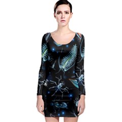 Colorful Abstract Pattern Consisting Glowing Lights Luminescent Images Marine Plankton Dark Backgrou Long Sleeve Bodycon Dress by Pakemis