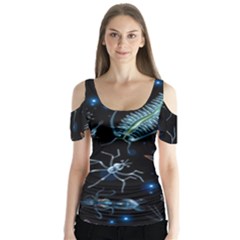 Colorful Abstract Pattern Consisting Glowing Lights Luminescent Images Marine Plankton Dark Backgrou Butterfly Sleeve Cutout Tee 