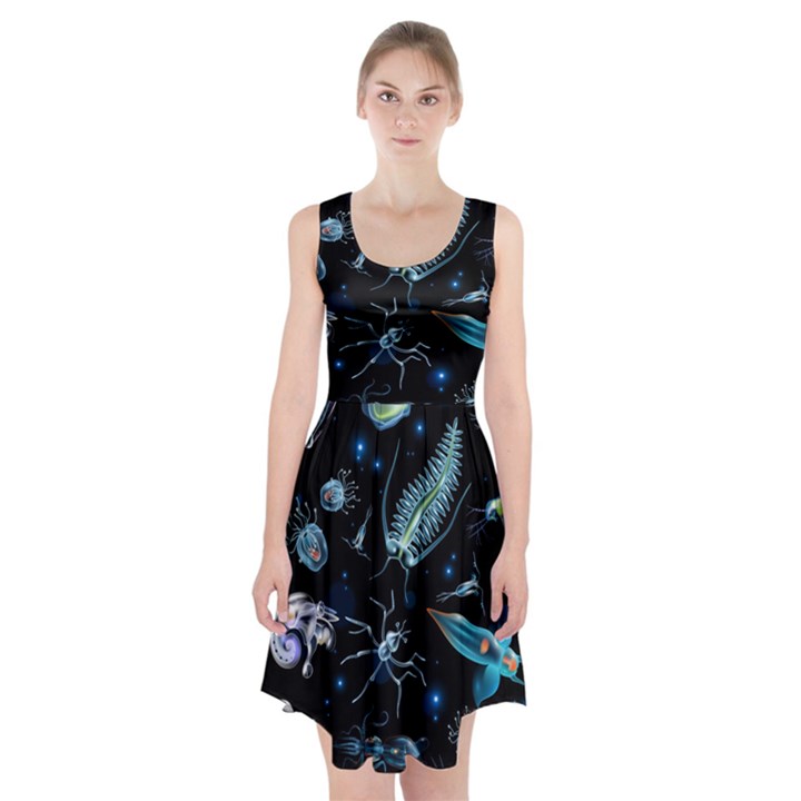 Colorful Abstract Pattern Consisting Glowing Lights Luminescent Images Marine Plankton Dark Backgrou Racerback Midi Dress