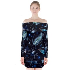 Colorful Abstract Pattern Consisting Glowing Lights Luminescent Images Marine Plankton Dark Backgrou Long Sleeve Off Shoulder Dress by Pakemis