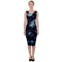 Colorful Abstract Pattern Consisting Glowing Lights Luminescent Images Marine Plankton Dark Backgrou Sleeveless Pencil Dress by Pakemis