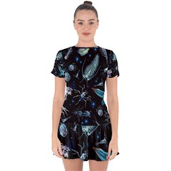 Colorful Abstract Pattern Consisting Glowing Lights Luminescent Images Marine Plankton Dark Backgrou Drop Hem Mini Chiffon Dress by Pakemis