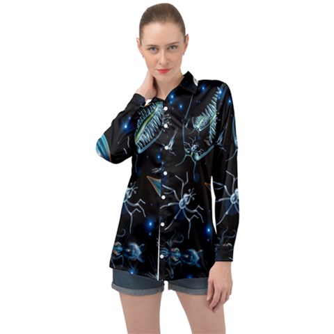 Colorful Abstract Pattern Consisting Glowing Lights Luminescent Images Marine Plankton Dark Backgrou Long Sleeve Satin Shirt by Pakemis