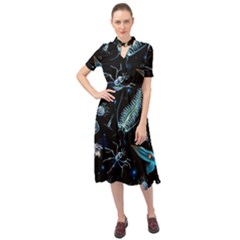 Colorful Abstract Pattern Consisting Glowing Lights Luminescent Images Marine Plankton Dark Backgrou Keyhole Neckline Chiffon Dress by Pakemis