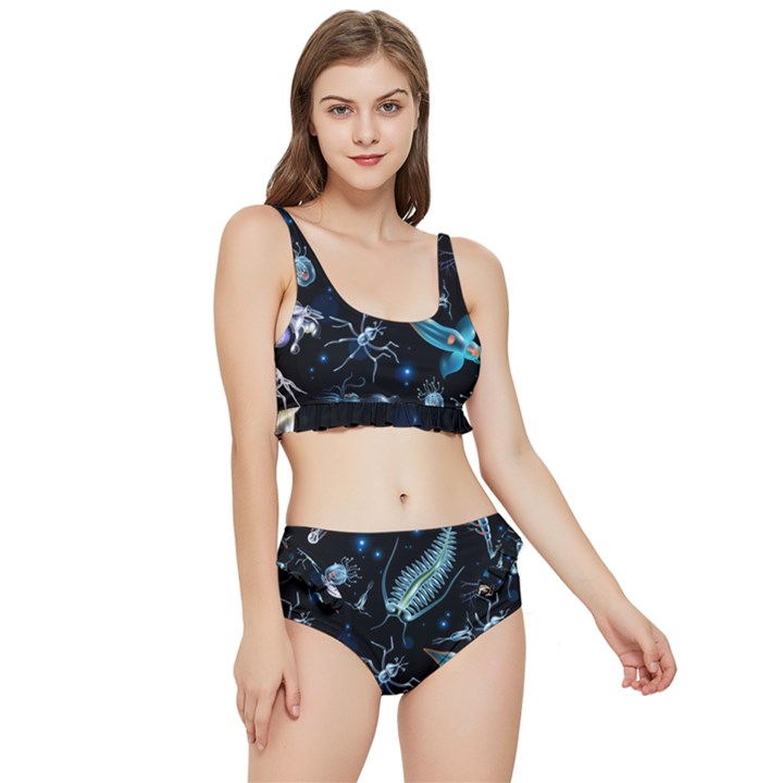 Colorful Abstract Pattern Consisting Glowing Lights Luminescent Images Marine Plankton Dark Backgrou Frilly Bikini Set