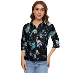 Colorful Abstract Pattern Consisting Glowing Lights Luminescent Images Marine Plankton Dark Backgrou Women s Quarter Sleeve Pocket Shirt