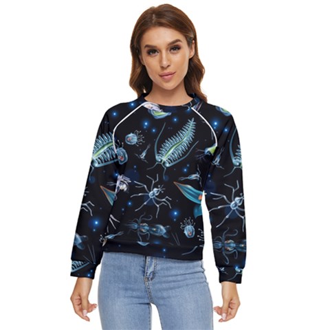 Colorful Abstract Pattern Consisting Glowing Lights Luminescent Images Marine Plankton Dark Backgrou Women s Long Sleeve Raglan Tee by Pakemis