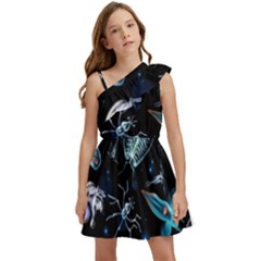 Colorful Abstract Pattern Consisting Glowing Lights Luminescent Images Marine Plankton Dark Backgrou Kids  One Shoulder Party Dress by Pakemis