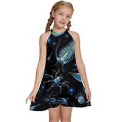 Colorful Abstract Pattern Consisting Glowing Lights Luminescent Images Marine Plankton Dark Backgrou Kids  Halter Collar Waist Tie Chiffon Dress by Pakemis