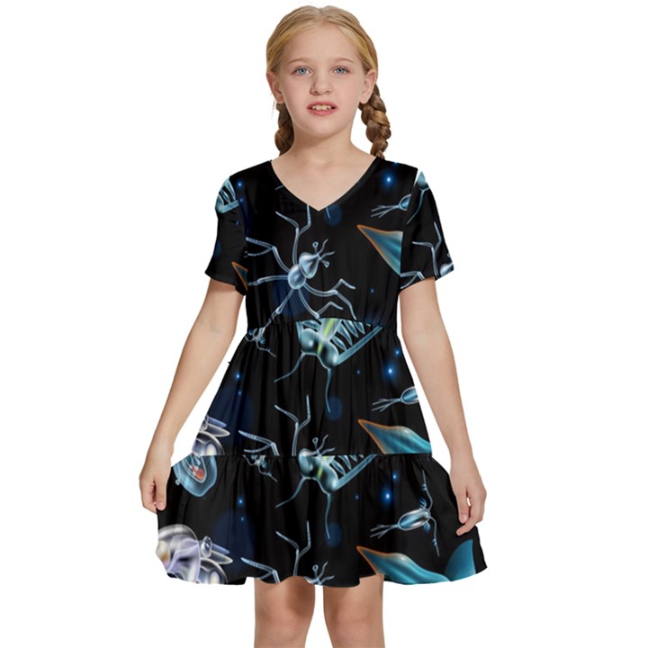 Colorful Abstract Pattern Consisting Glowing Lights Luminescent Images Marine Plankton Dark Backgrou Kids  Short Sleeve Tiered Mini Dress