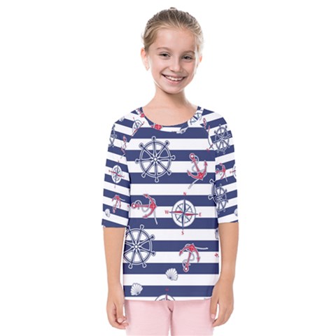 Seamless Marine Pattern Kids  Quarter Sleeve Raglan Tee by Pakemis