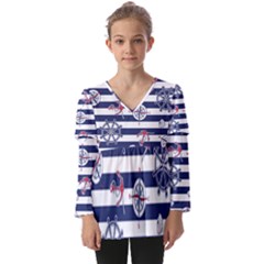 Seamless Marine Pattern Kids  V Neck Casual Top