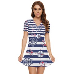 Seamless Marine Pattern V-neck High Waist Chiffon Mini Dress