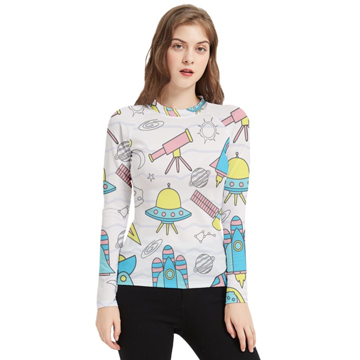 Cute-seamless-pattern-with-space Women s Long Sleeve Rash Guard