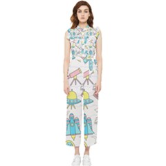 Cute-seamless-pattern-with-space Women s Frill Top Chiffon Jumpsuit by Pakemis