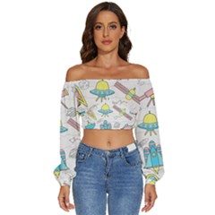 Cute-seamless-pattern-with-space Long Sleeve Crinkled Weave Crop Top